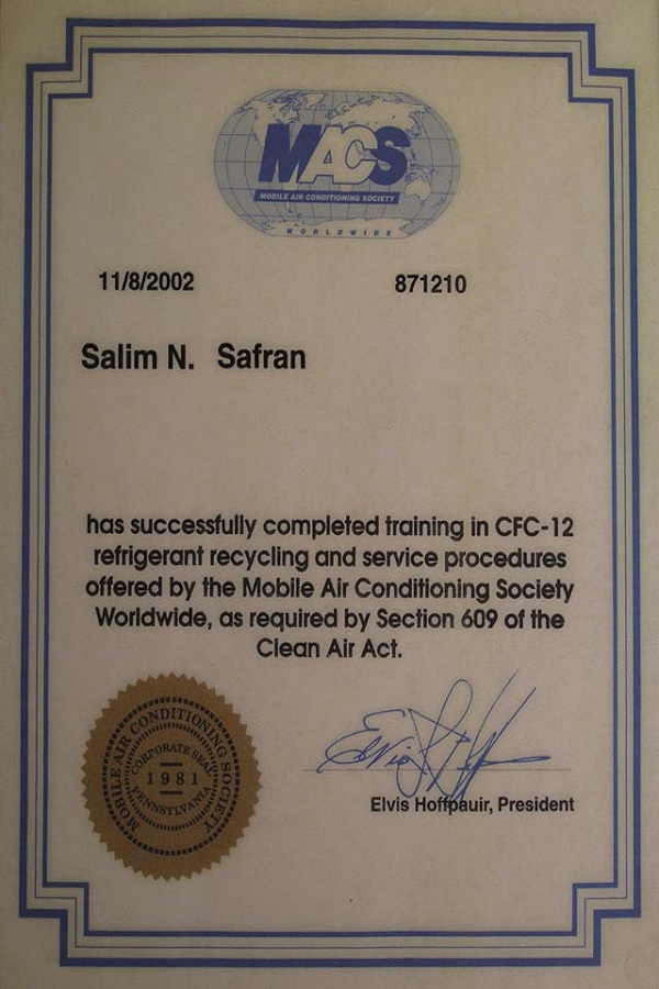 MACS Worldwide certificate in CFC-12 refrigerant recycling and service procedures, Salim N. Safran