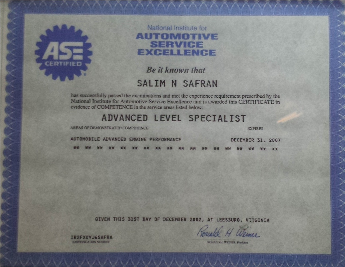 ASE Advanced Level Specialist certificate in Automobile Advanced Engine Performance