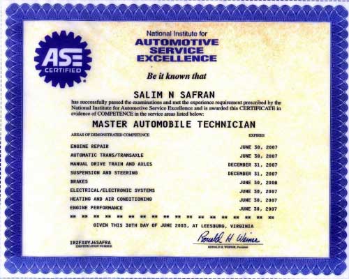 ASE Master Automobile Technician certificate listing Engine Repair, Automatic Trans/Transaxle, Manual Drive Train and Axles, Suspension and Steering, Brakes, Electrical/Electronic Systems, Heating and AC, and Engine Performance
